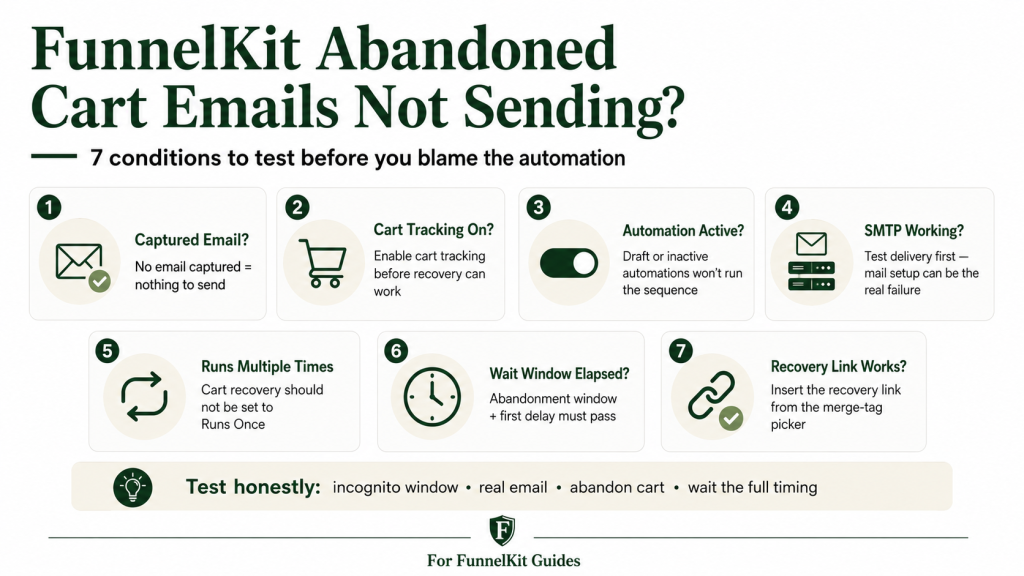 FunnelKit abandoned cart emails not sending — a 7-condition checklist: captured email, cart tracking on, automation active, SMTP working, runs multiple times, wait window elapsed, and recovery link works