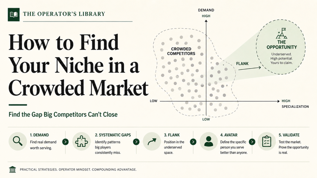 How to find your niche in a crowded market — a flanking map showing the gap a market leader leaves open for a solo operator