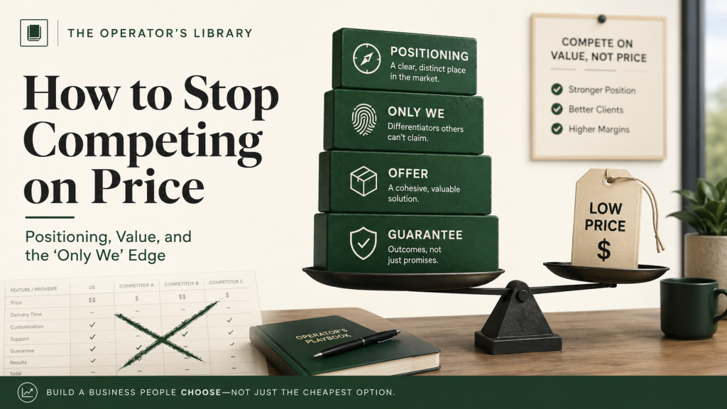 Solo operator using positioning to stop competing on price — a value stack on one side outweighing a low price tag on the other