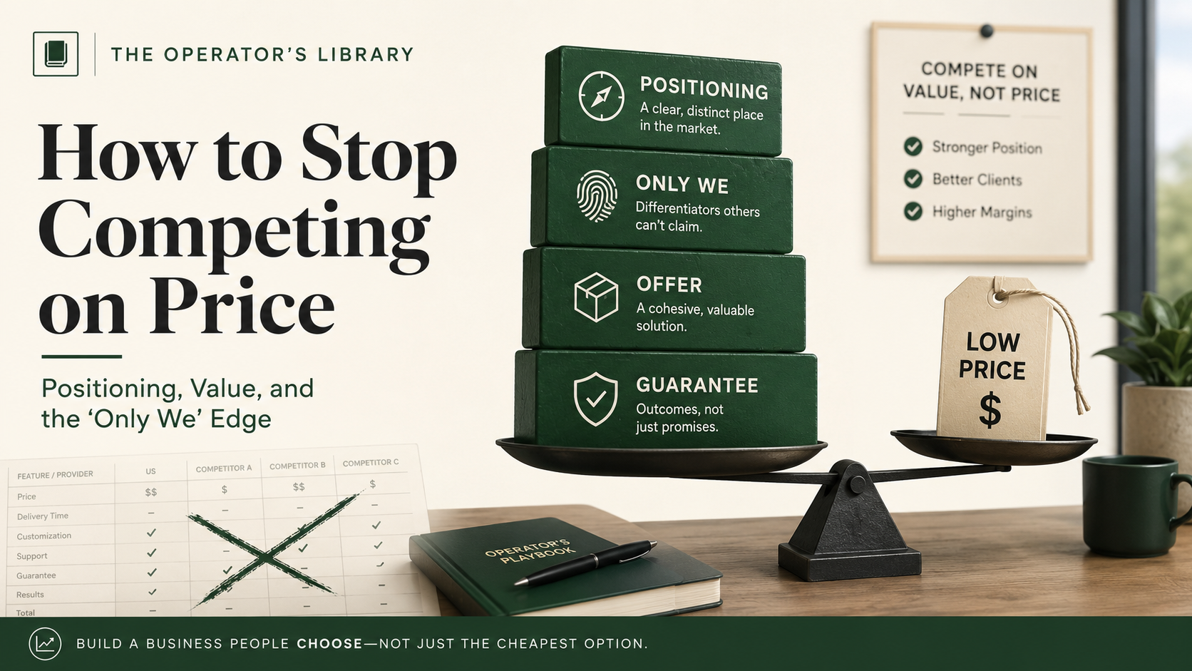 Solo operator using positioning to stop competing on price — a value stack on one side outweighing a low price tag on the other