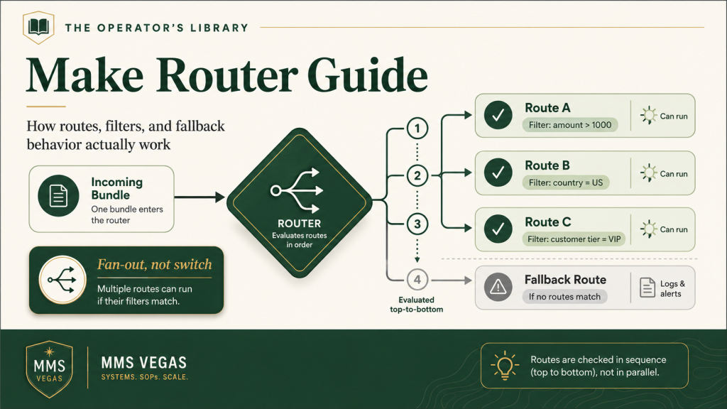Make router fanning one incoming bundle out to every matching route (Routes A, B, C all "can run") with a fallback route for unmatched bundles, evaluated top to bottom — a fan-out, not a switch statement.