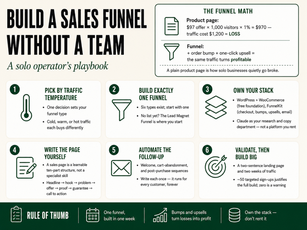 How to build a sales funnel without a team — a solo operator's infographic playbook for the full funnel