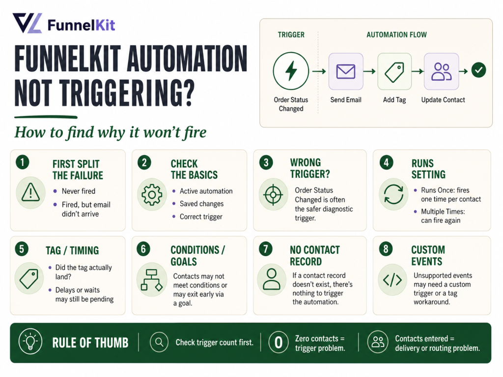 FunnelKit automation not triggering — a checklist for finding why it won’t fire: automation active, correct trigger, Order Created firing, Runs setting, and contact record created