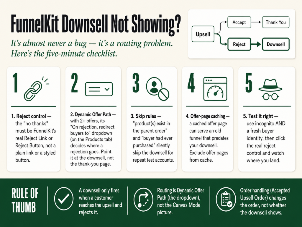 FunnelKit downsell not showing — a routing checklist covering the reject control, Dynamic Offer Path, skip rules, offer-page caching, and how to test.