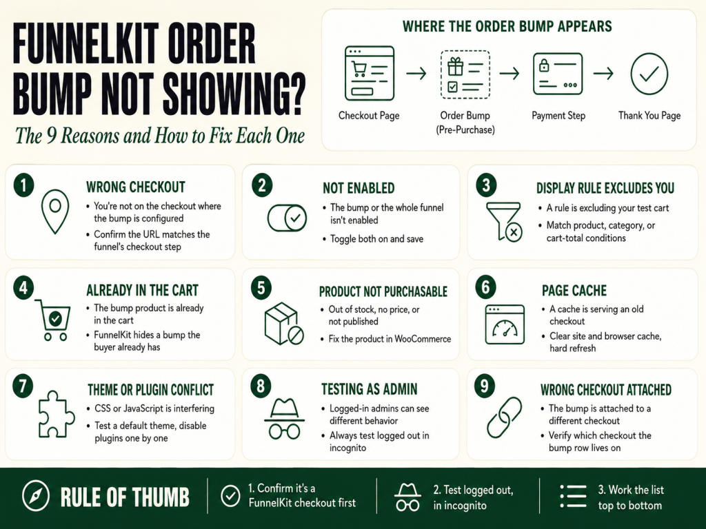 FunnelKit order bump not showing — infographic of the nine reasons a bump is missing at checkout and how to fix each