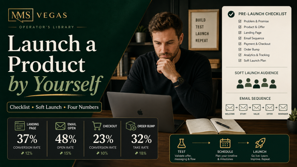 How to launch a product by yourself — a solo operator's pre-launch checklist and soft-launch dashboard showing landing page, open, checkout, and order bump numbers