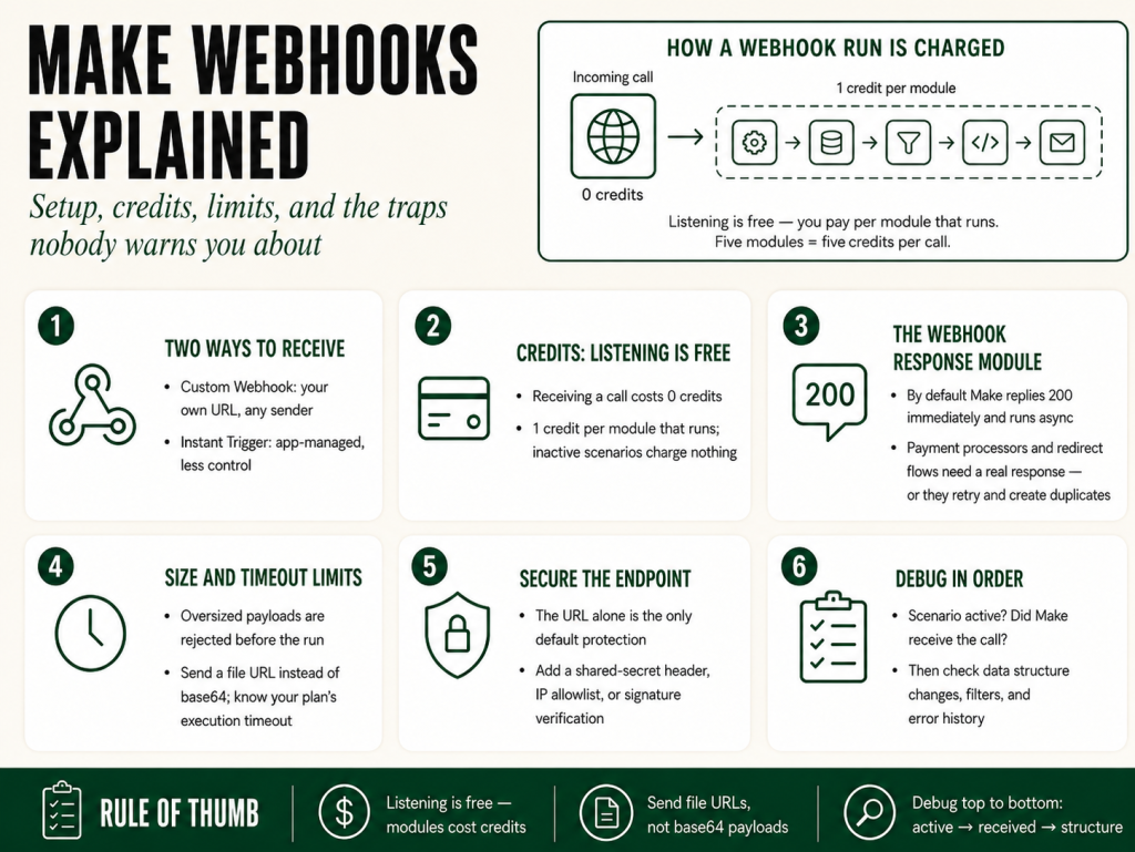 Make webhooks explained — infographic covering webhook setup, credits, limits, and common traps in Make.com