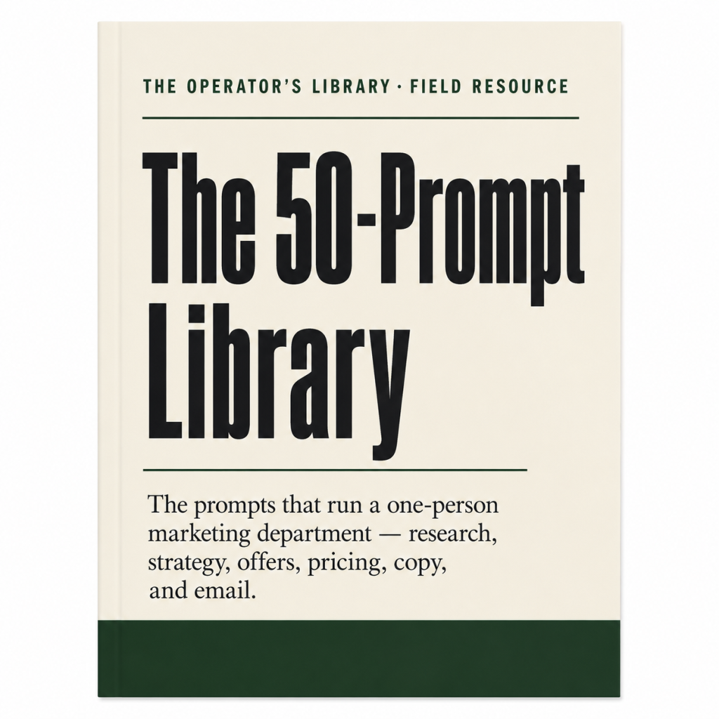 The 50-Prompt Library — free PDF cover: the prompts that run a one-person marketing department