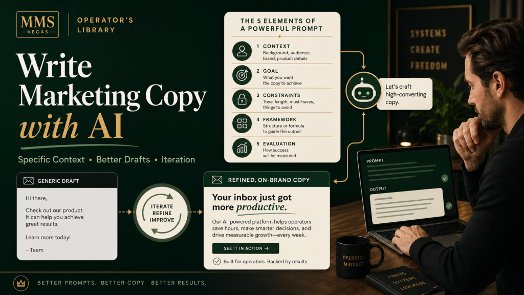 How to write marketing copy with AI — a solo operator's five-element prompt (context, goal, constraints, framework, evaluation) turning a generic draft into on-brand copy
