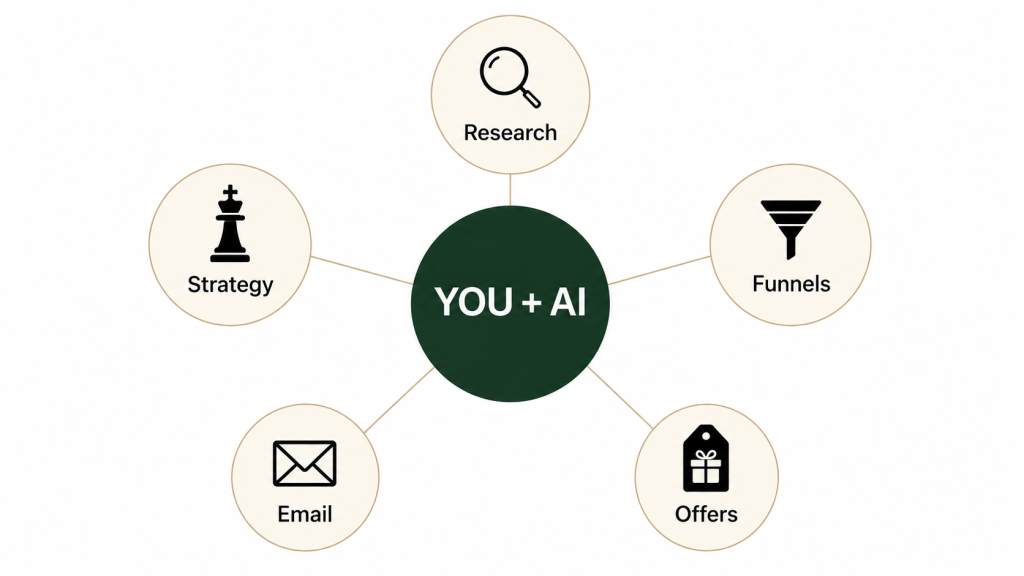 The five functions of a one-person marketing department — Research, Strategy, Funnels, Email, Offers — powered by You + AI