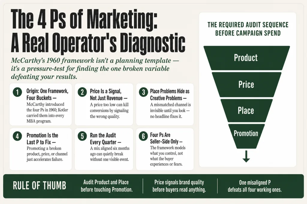 Diagram showing the 4 Ps of marketing, Product, Price, Place, and Promotion, arranged as an operator's audit framework for small business decisions
