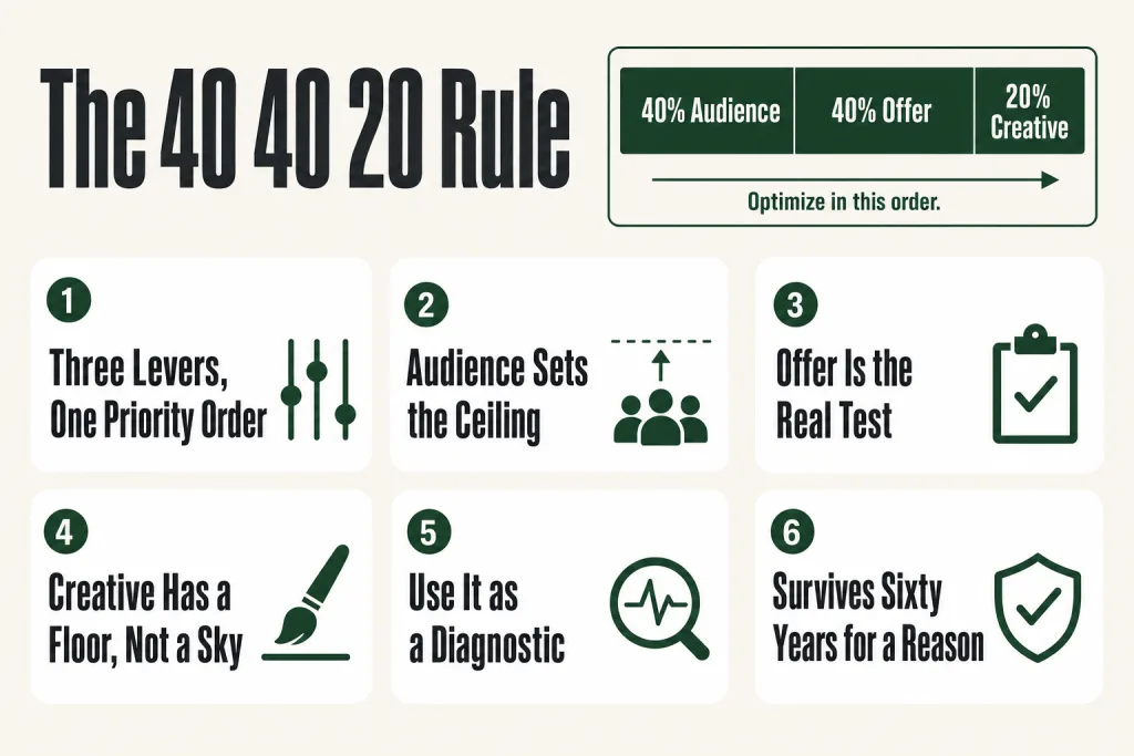 Diagram showing the 40 40 20 rule breakdown: 40% audience, 40% offer, 20% creative for direct response marketing campaigns