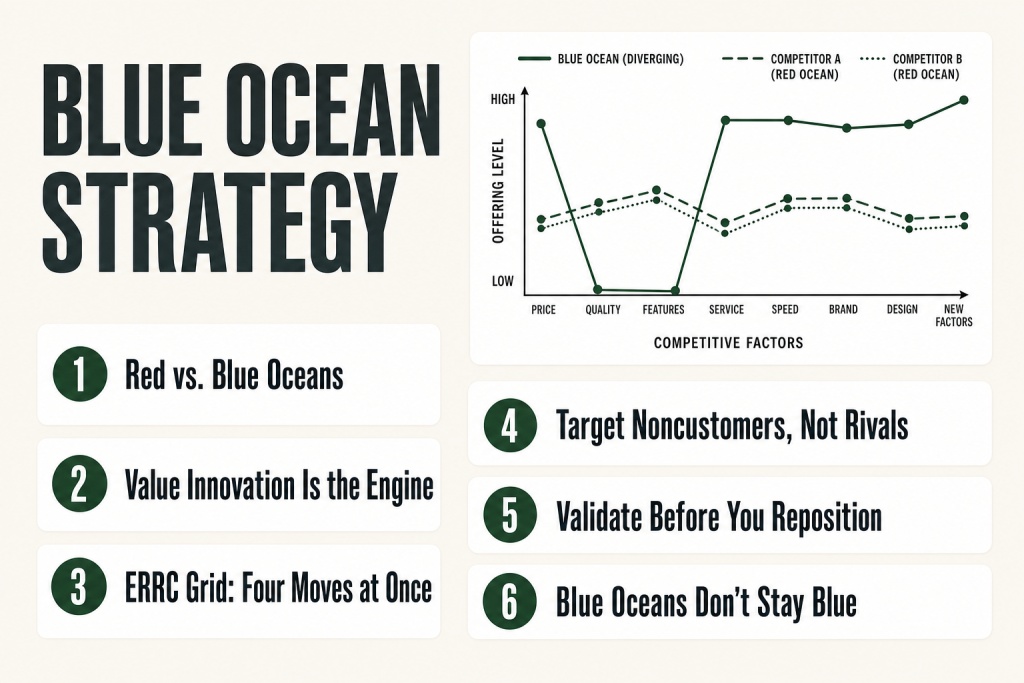 Strategy canvas diagram showing how blue ocean strategy creates a diverging value curve away from competitors in a crowded market