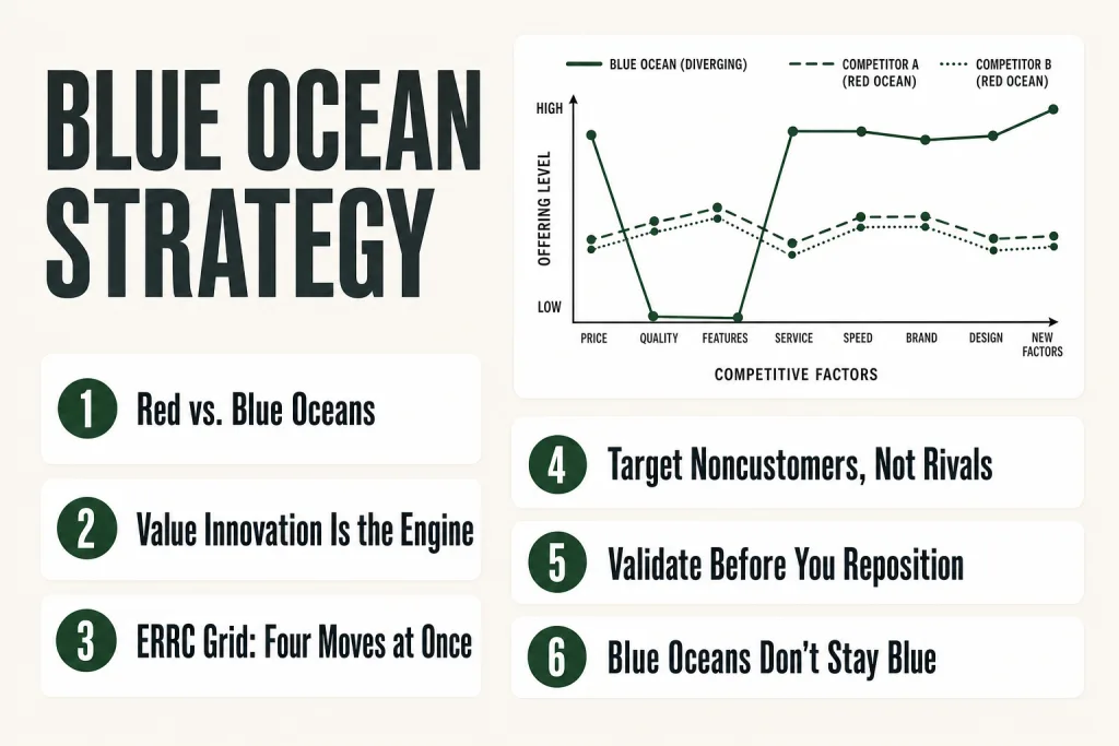 Strategy canvas diagram showing how blue ocean strategy creates a diverging value curve away from competitors in a crowded market