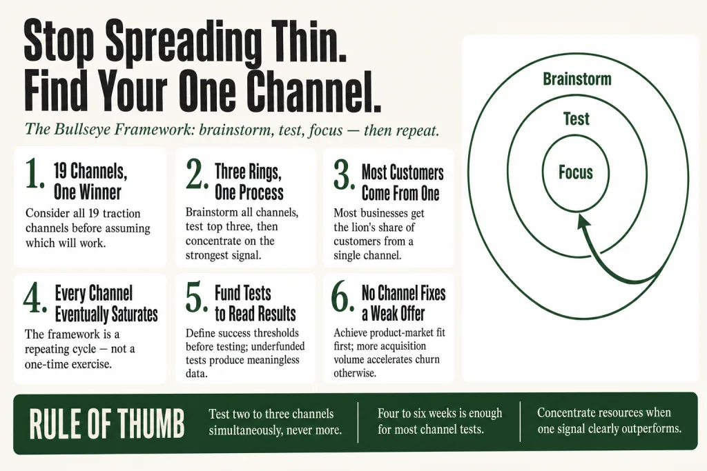 Bullseye target diagram showing three concentric rings labeled outer brainstorm, middle test, and inner focus — illustrating the bullseye framework for finding the best customer acquisition channel