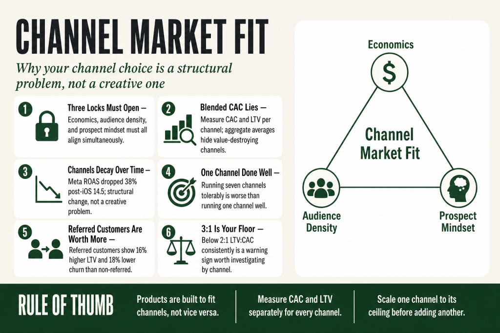 Diagram showing the three-way structural alignment of offer, market, and acquisition channel that defines channel market fit