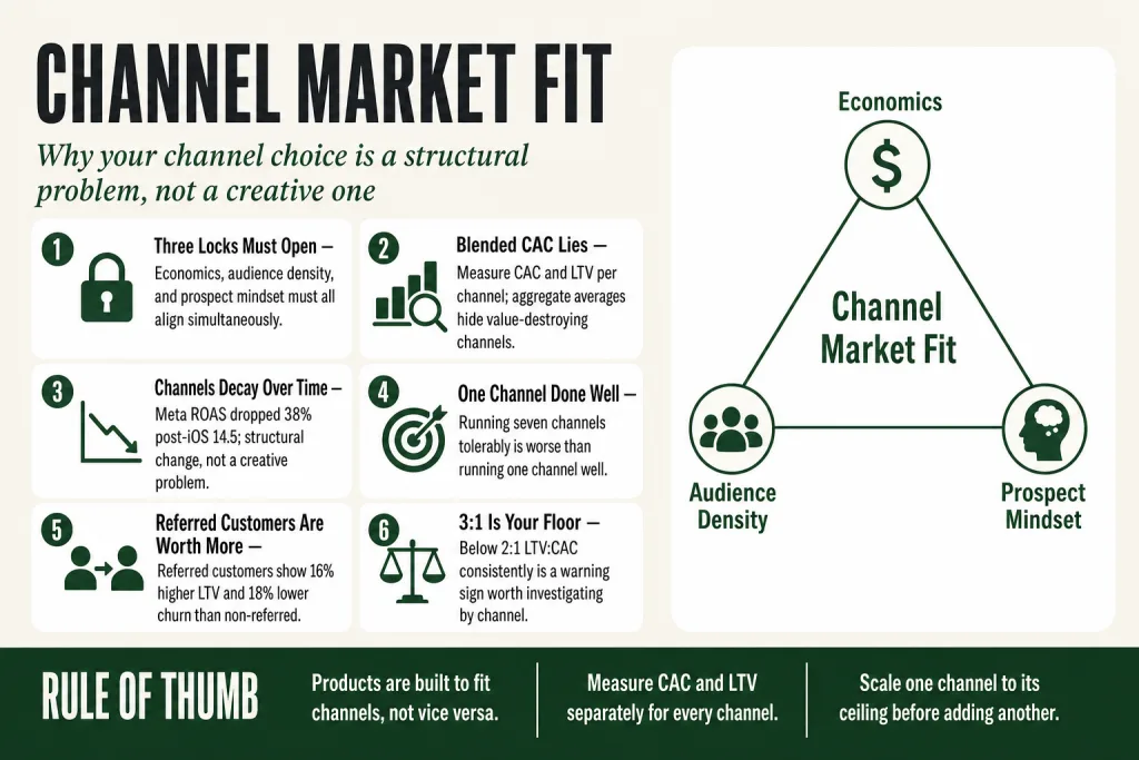 Diagram showing the three-way structural alignment of offer, market, and acquisition channel that defines channel market fit