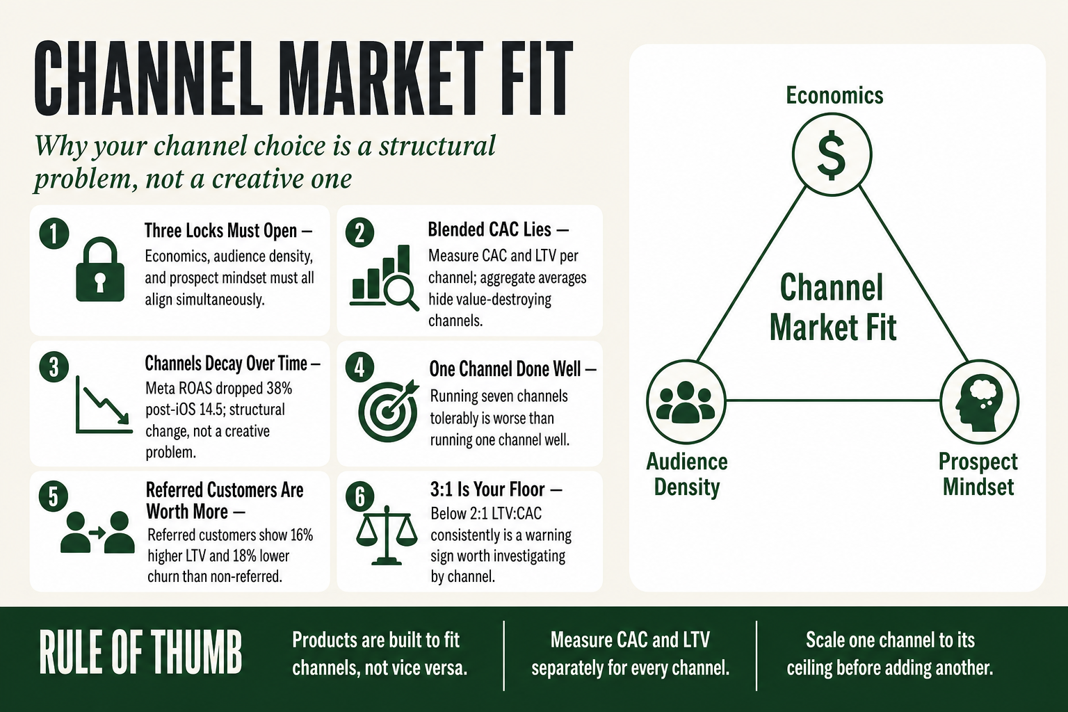 Diagram showing the three-way structural alignment of offer, market, and acquisition channel that defines channel market fit