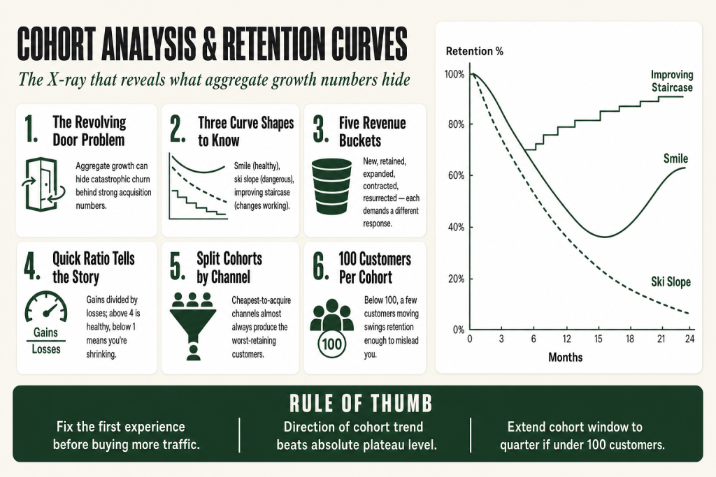 Cohort analysis retention curve chart showing multiple customer cohorts flattening at different retention levels over 12 months