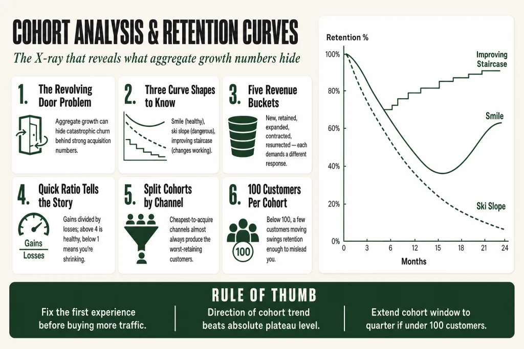 Cohort analysis retention curve chart showing multiple customer cohorts flattening at different retention levels over 12 months