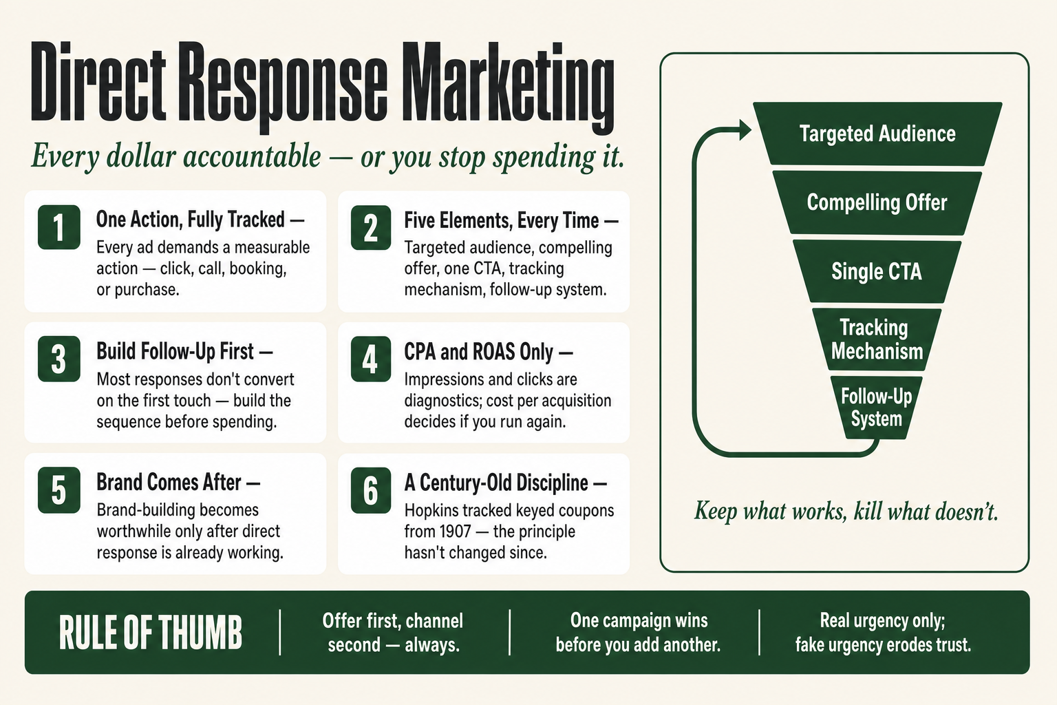 Direct response marketing funnel diagram showing a targeted ad, a single call to action, and a tracked conversion — the core structure of every effective direct response campaign