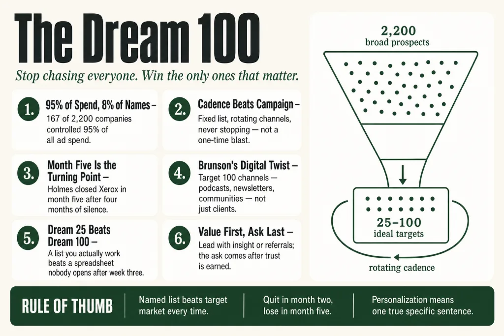 Chet Holmes Dream 100 strategy diagram showing a small focused list of dream prospects circled out of a large market, with a repeating multi-channel outreach cadence