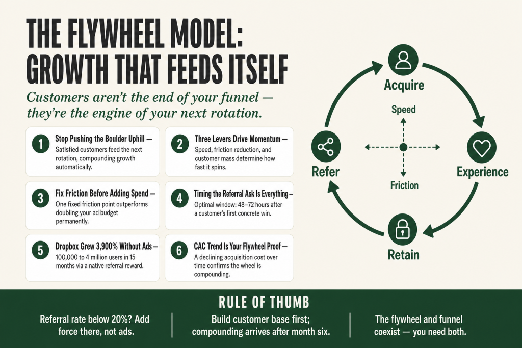 Diagram of the flywheel model marketing loop showing acquisition, experience, retention, and referral stages creating compounding business growth