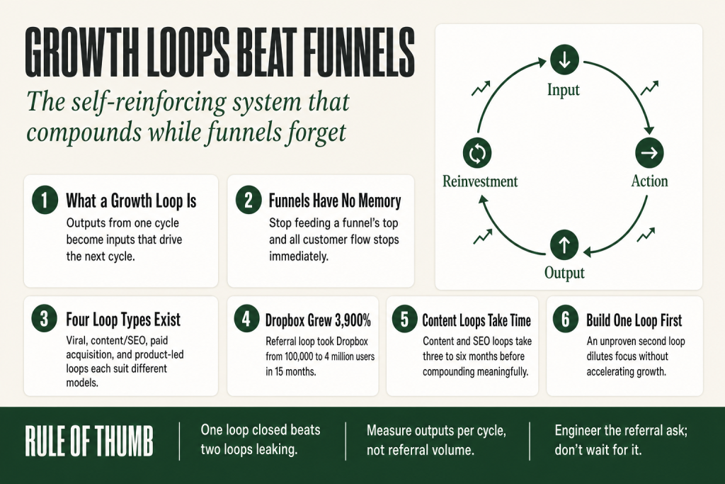 Diagram showing a growth loop cycle where customer outputs feed back as acquisition inputs, replacing a linear marketing funnel