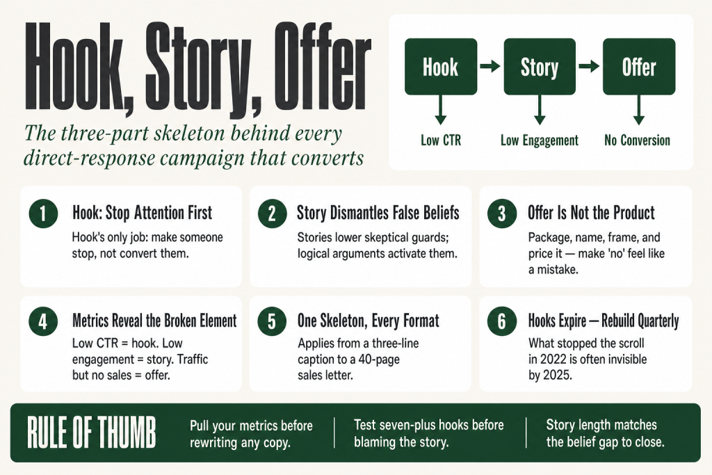 Diagram showing the hook story offer framework as three sequential stages in a direct-response marketing funnel