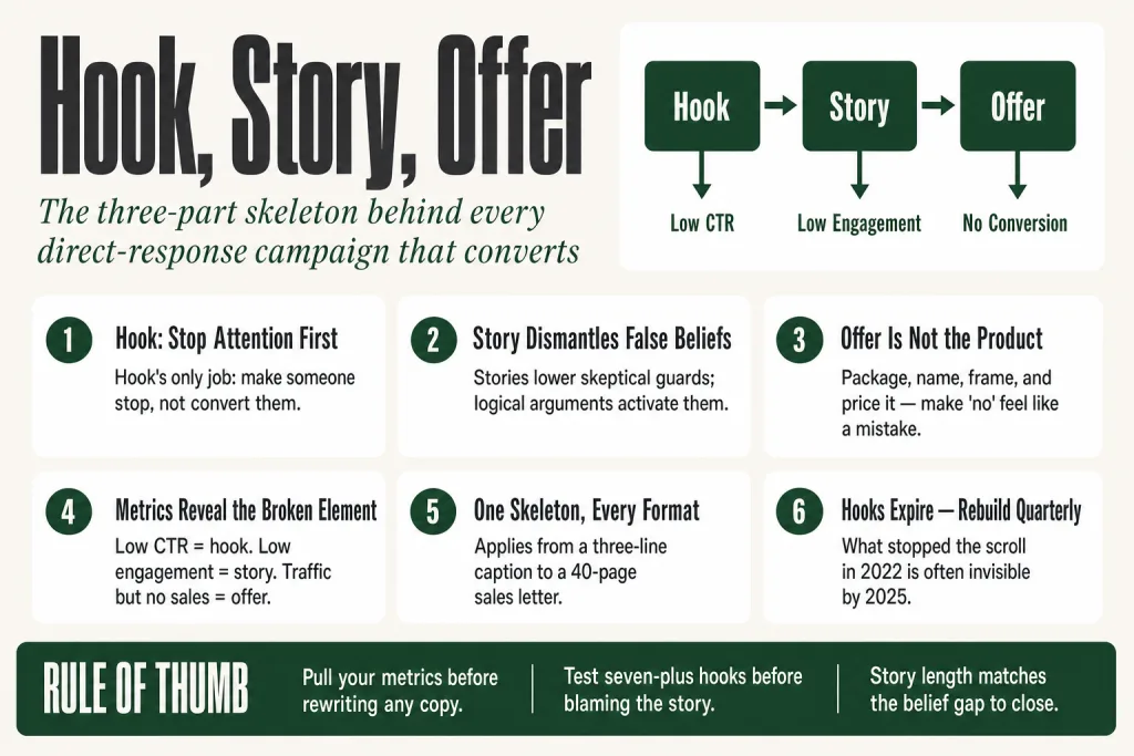 Diagram showing the hook story offer framework as three sequential stages in a direct-response marketing funnel