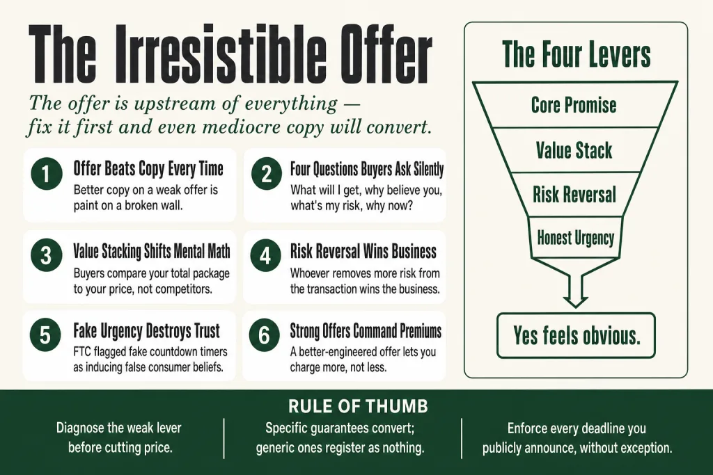 Diagram showing the four levers of an irresistible offer — core promise, value stack, risk reversal, and honest urgency — arranged as building blocks for a small business offer