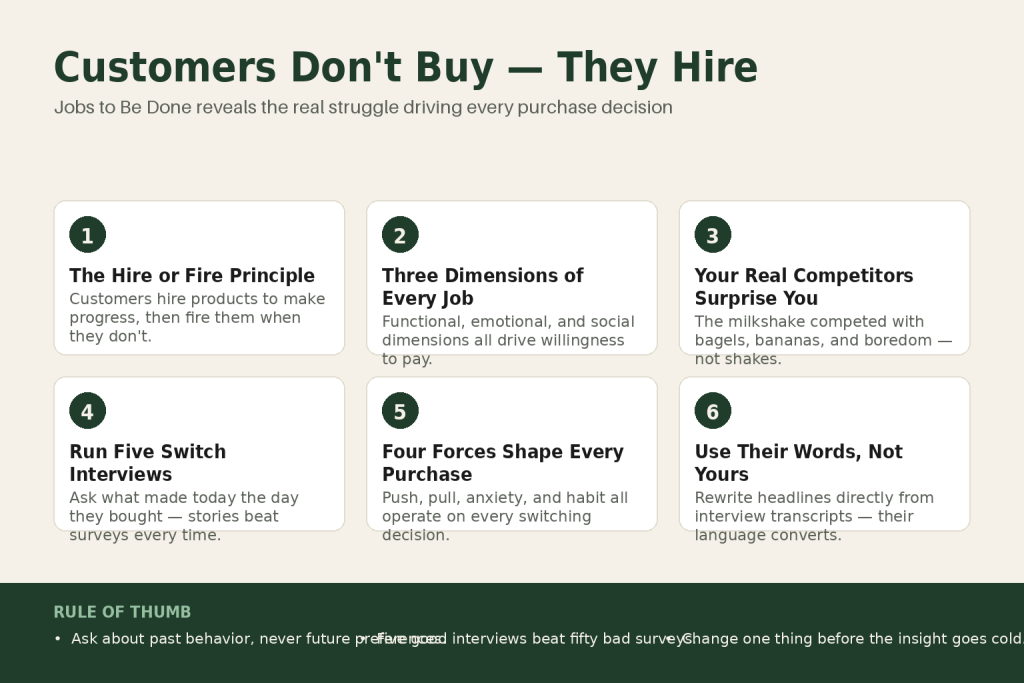 Diagram showing a customer 'hiring' a product for a specific job, with functional, emotional, and social job dimensions illustrated for small business marketing