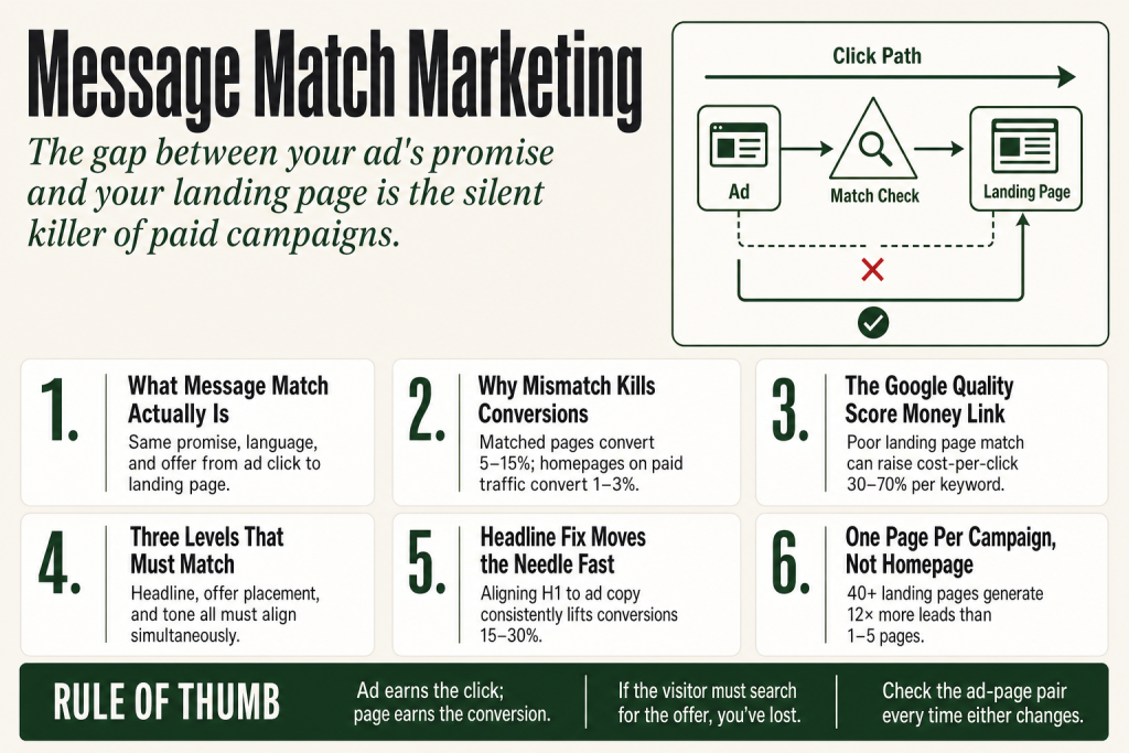 Message match marketing diagram showing an ad headline and landing page headline using identical promise language, connected by an arrow labeled 'kept promise'