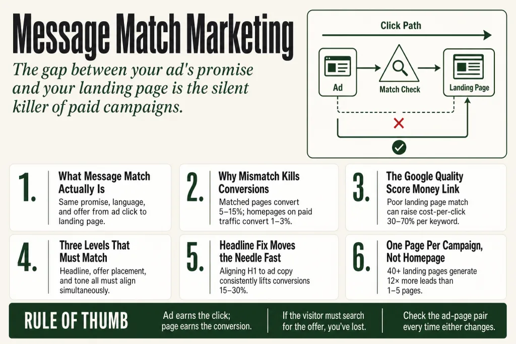 Message match marketing diagram showing an ad headline and landing page headline using identical promise language, connected by an arrow labeled