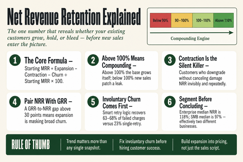 Net revenue retention formula diagram showing expansion, contraction, and churn components as levers on a recurring revenue base