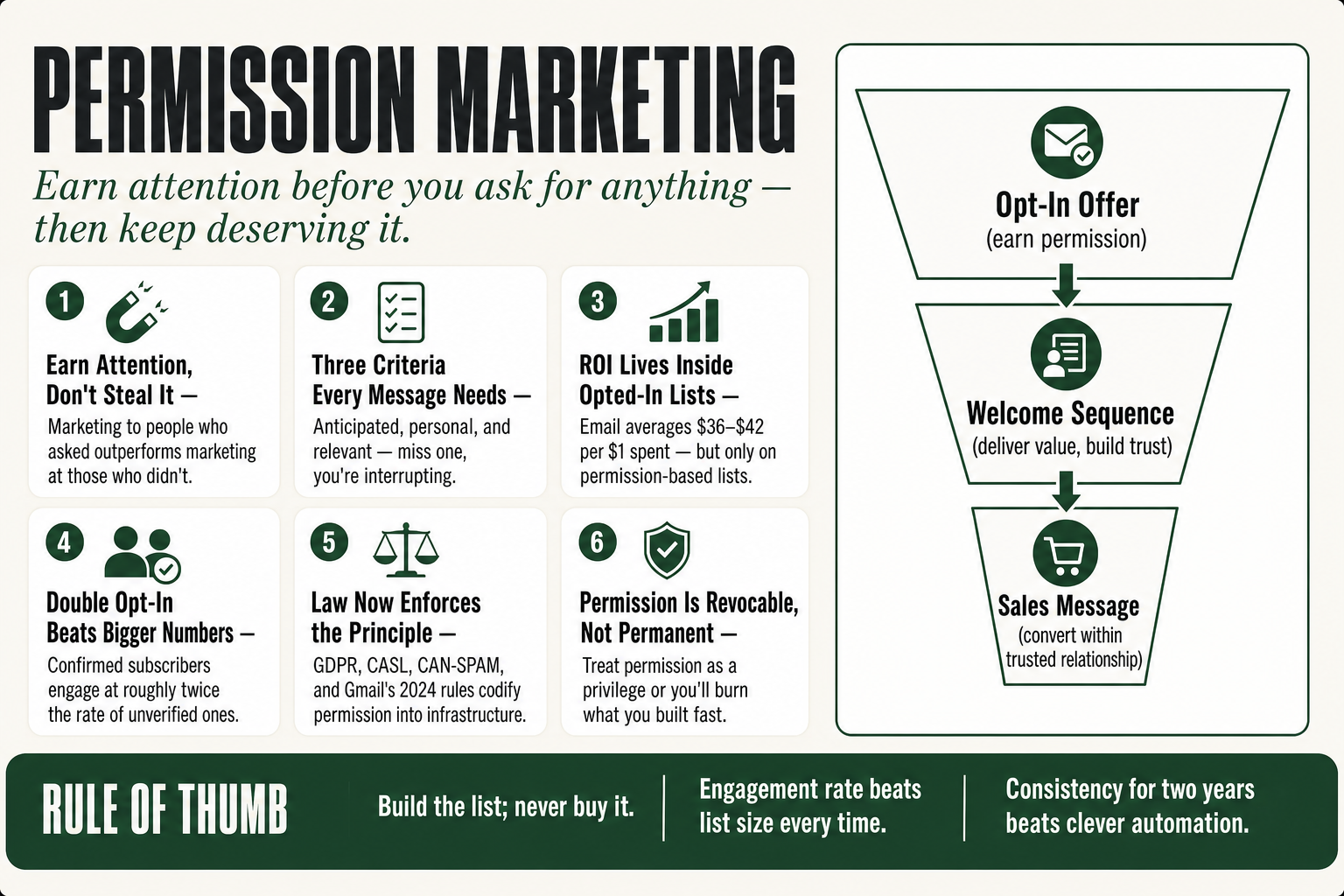 Permission marketing concept, a small business operator building an opted-in email list on a laptop, representing owned audience versus rented attention