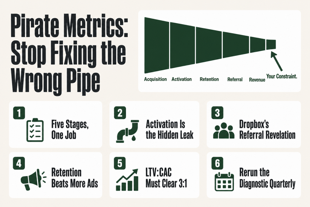 Diagram showing the five pirate metrics stages, acquisition, activation, retention, referral, revenue, with conversion rates between each stage and an arrow pointing to the biggest drop-off as the current growth constraint