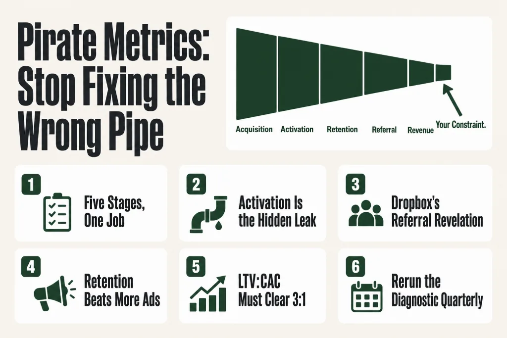 Diagram showing the five pirate metrics stages, acquisition, activation, retention, referral, revenue, with conversion rates between each stage and an arrow pointing to the biggest drop-off as the current growth constraint