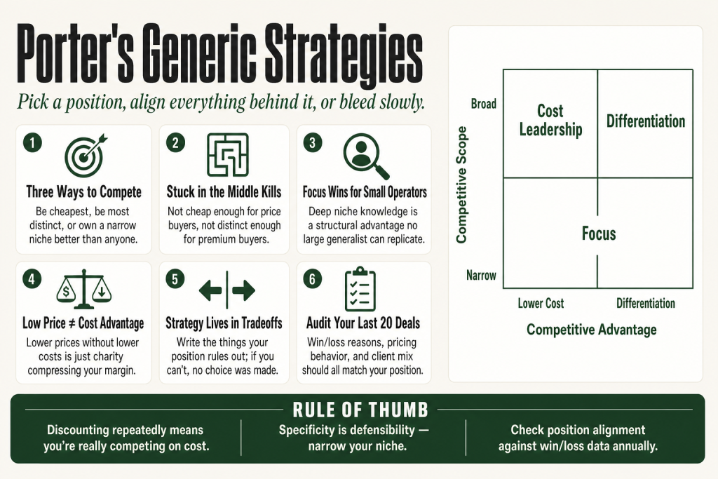 A 2x2 matrix showing Porter's Generic Strategies: cost leadership and differentiation across broad and narrow competitive scope, with the stuck-in-the-middle zone highlighted