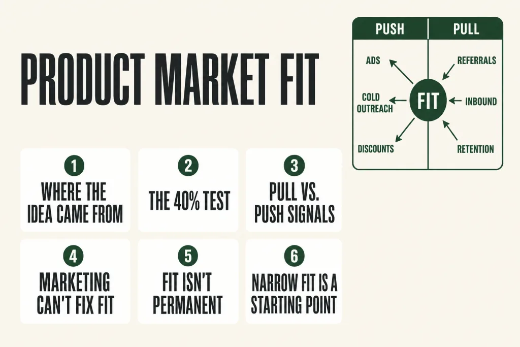 Diagram showing the shift from push marketing to market pull as a business achieves product market fit