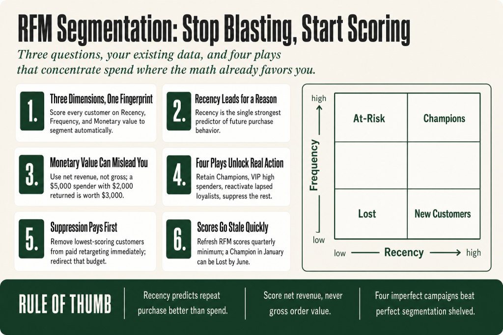 Diagram showing RFM segmentation scores mapping customers into Champion, At-Risk, Hibernating, and Lost segments for targeted marketing decisions