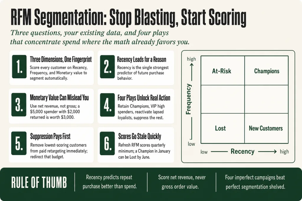 Diagram showing RFM segmentation scores mapping customers into Champion, At-Risk, Hibernating, and Lost segments for targeted marketing decisions