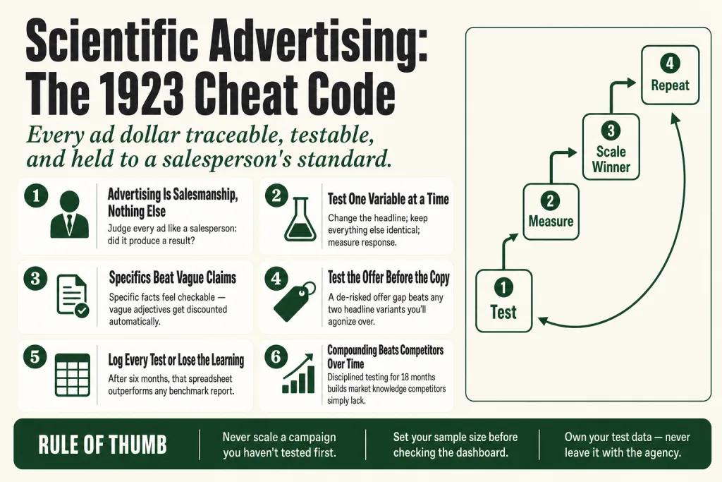 Claude Hopkins scientific advertising framework — a 1920s-era newspaper ad layout beside a modern A/B test dashboard, illustrating the same testing discipline across a century of media change