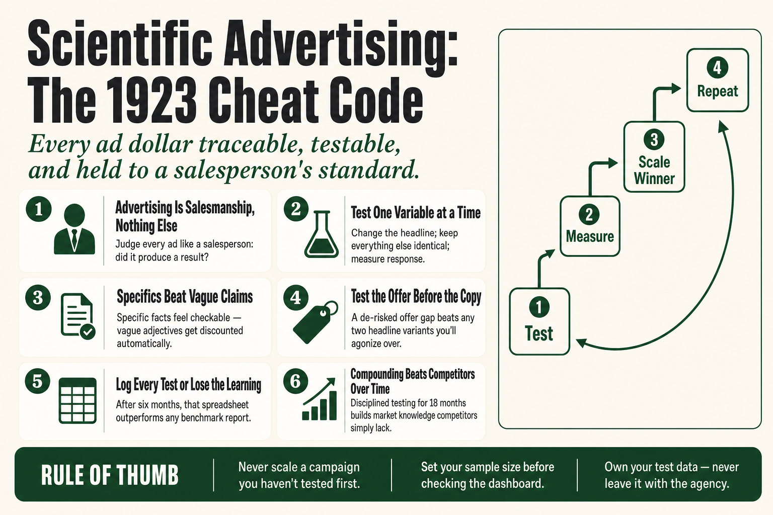Claude Hopkins scientific advertising framework — a 1920s-era newspaper ad layout beside a modern A/B test dashboard, illustrating the same testing discipline across a century of media change