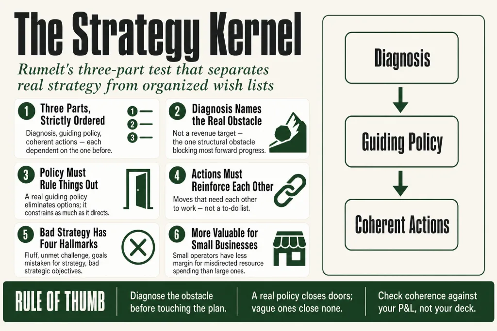 Diagram of Rumelt's strategy kernel showing three linked layers: diagnosis, guiding policy, and coherent actions
