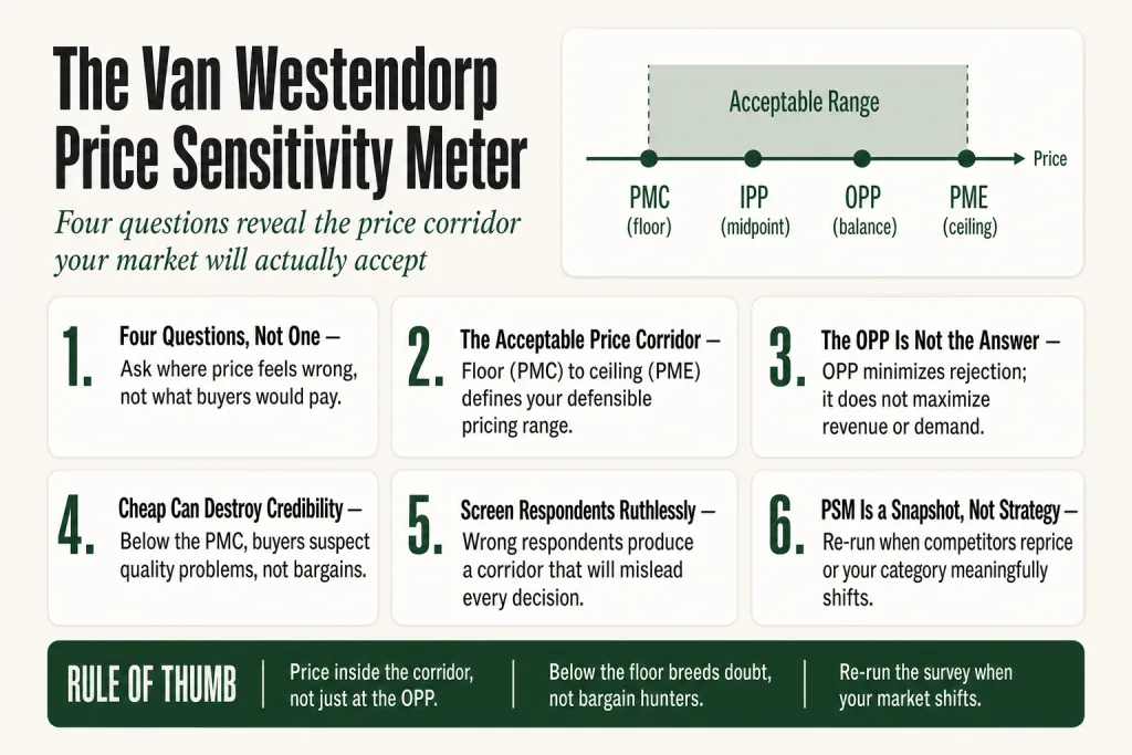 Diagram of the van westendorp price sensitivity meter showing four curves intersecting at the PMC, PME, IPP, and OPP price thresholds