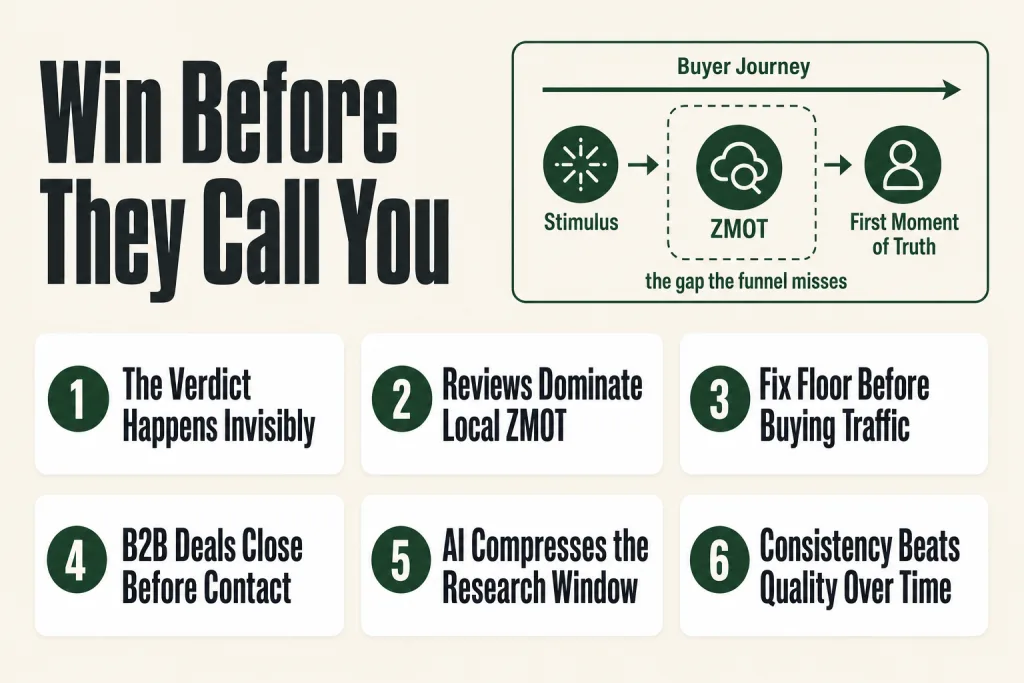 Diagram illustrating the zero moment of truth, the online research phase where buyers form their verdict before contacting a business