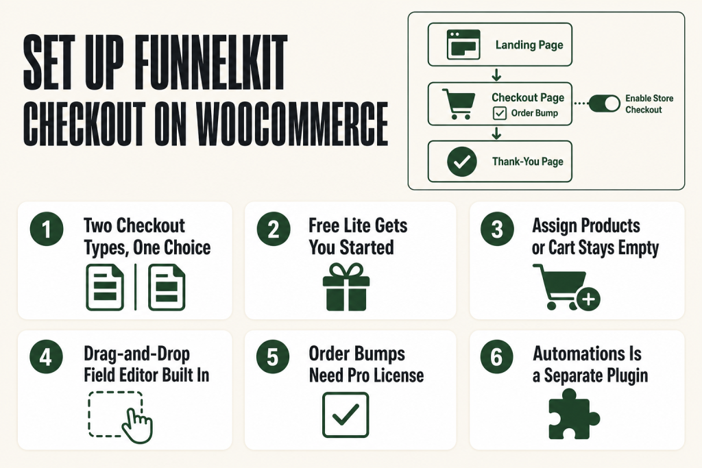 How to set up FunnelKit checkout — Store Checkout funnel steps showing checkout page, order bump, and thank-you page in the WordPress admin dashboard