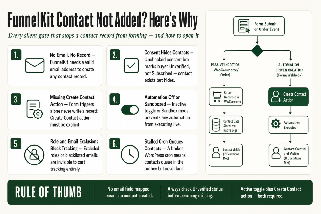 FunnelKit Automations contact not added: contacts list showing a missing contact search with subscription status filter and debug log panel open