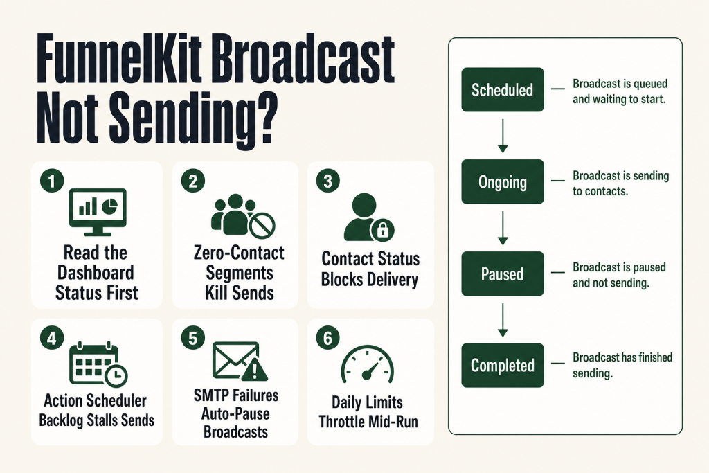 FunnelKit broadcast not sending: Automations dashboard showing a paused broadcast with a consecutive failure error notice and the Resume Broadcast button highlighted